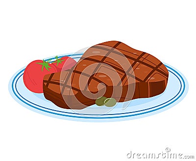 Meat pan, fresh food, cooking, breezy slice steak, fried background, isolated on white, design, flat style vector Vector Illustration