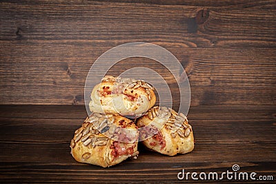 Meat patties with seeds. Wood texture background Stock Photo