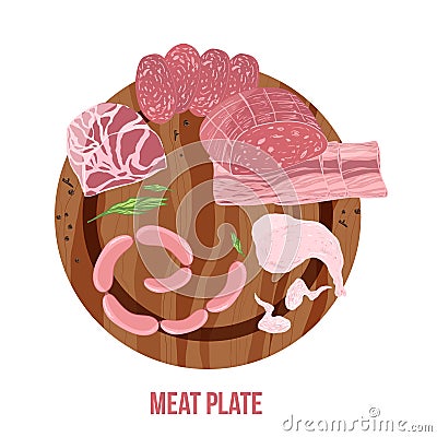 Meat plate top view with sausage, chicken leg and wings, ham on wooden background. Vector Illustration