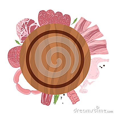 Meat plate top view with sausage, chicken leg and wings, ham on wooden background. Vector Illustration