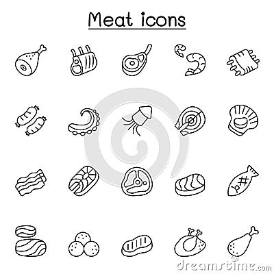 Meat, pork, beef, seafood icons set in thin line style Vector Illustration