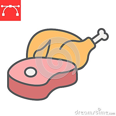 Meat and poultry color line icon, chicken meat and steak, beef sign vector graphics, editable stroke filled outline icon Vector Illustration