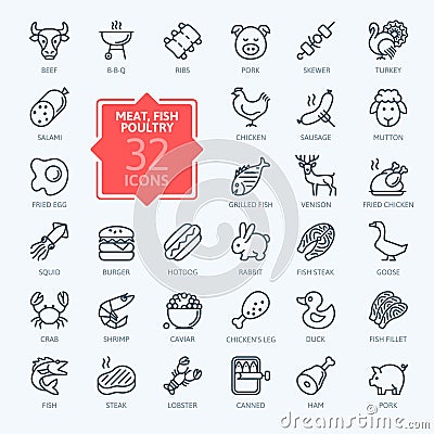 Meat, poultry, fish and eggs - minimal thin line web icon set. Vector Illustration