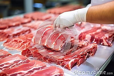 Meat processing plant. A worker sorts cold cuts on a conveyor belt. Arrival of jamon or cold cuts. Production of pork or beef in a Stock Photo