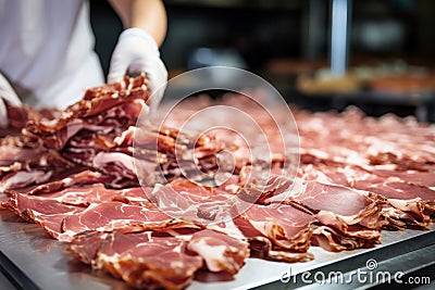 Meat processing plant. A worker sorts cold cuts on a conveyor belt. Arrival of jamon or cold cuts. Production of pork or beef in a Stock Photo