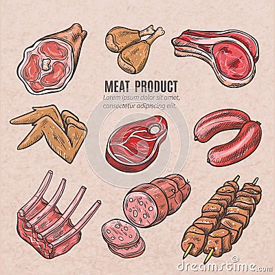 Meat Products Color Sketches Vector Illustration