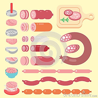 Meat products ingredient and rustic elements preparation equipment food flat vector illustration. Vector Illustration