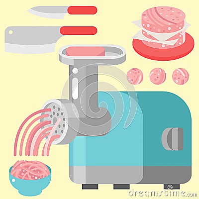 Meat products ingredient and rustic elements preparation equipment food flat vector illustration. Vector Illustration