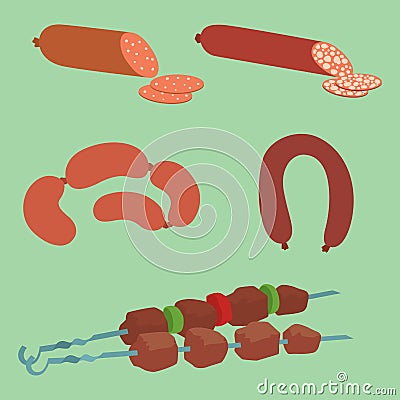 Meat products set of cartoon delicious barbecue kebab variety delicious gourmet meal and animal assortment slice lamb Vector Illustration