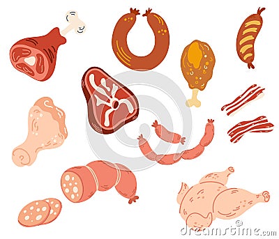 Meat products set. Fresh meat and sausage, salami and chicken, raw sliced pork tenderloin and cooked ham, steak. For barbeque meal Vector Illustration