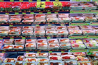 Meat products at supermarket Editorial Stock Photo