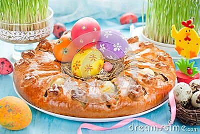 Meat quail egg ring for Easter dinner , colorful Easter composition Stock Photo