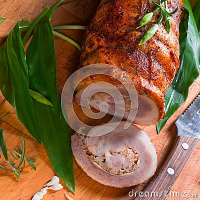 Meat roulade with bear allium filling Stock Photo