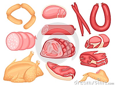 Meat sausage. Cartoon sausages, fresh farmer food. Pork, bacon, cutting animal products. Meats slices, steak and hamon Vector Illustration