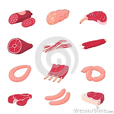 Meat sausage. Fresh raw meats, sausages and uncooked pork. Cartoon dinner ingredients, bacon beef salami. Food products Vector Illustration