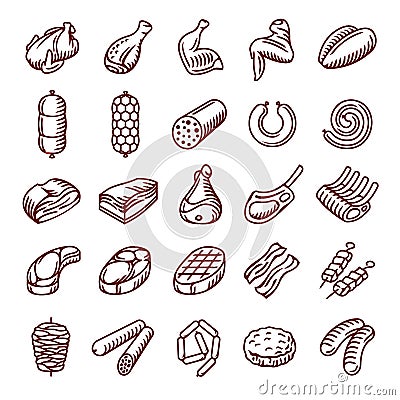 Meat and sausages vector isolated icon set Vector Illustration