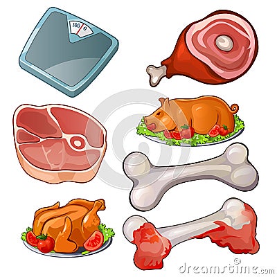 Meat set - raw meat, scales, bones, cooked pig and chicken with vegetables. Vector food collection. Cuisine product Vector Illustration