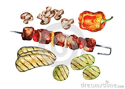 Meat shashlik with grilled vegetables. Watercolor illustration on a white background Cartoon Illustration