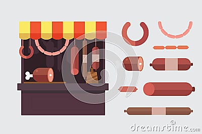 Meat shop stall with meats products Vector Illustration