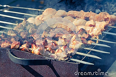 Meat skewers on bbq Stock Photo