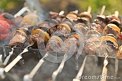 meat on skewers in a haze on the grill. Stock Photo