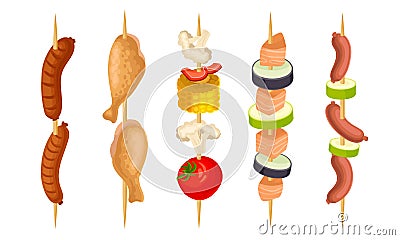 Meat Slabs and Sliced Vegetables on Skewers or Wooden Sticks Cooked on Grill Vector Set Vector Illustration