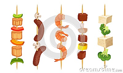 Meat Slabs and Sliced Vegetables on Skewers or Wooden Sticks Cooked on Grill Vector Set Vector Illustration