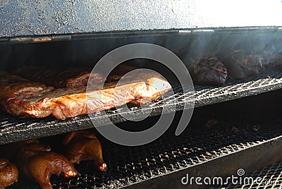 Meat in the smoker Stock Photo