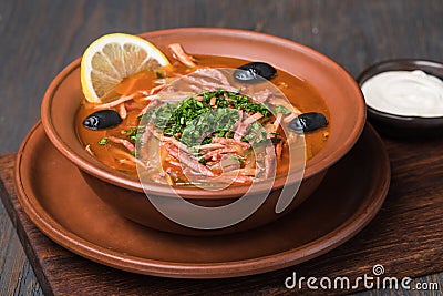 Meat Solyanka soup Stock Photo