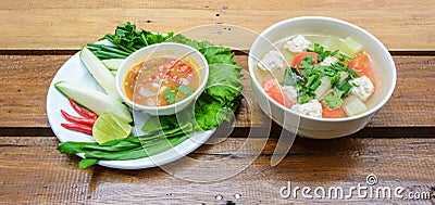 Meat soup and vegetable with chilli sauce Stock Photo