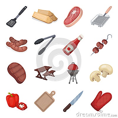 Meat, steak, firewood, grill, table and other accessories for barbecue.BBQ set collection icons in cartoon style vector Vector Illustration