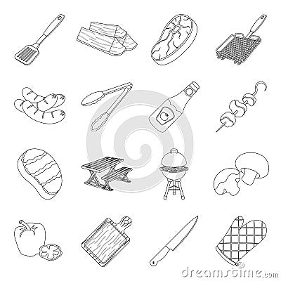 Meat, steak, firewood, grill, table and other accessories for barbecue.BBQ set collection icons in line style vector Vector Illustration