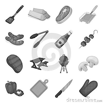 Meat, steak, firewood, grill, table and other accessories for barbecue.BBQ set collection icons in monochrome style Vector Illustration