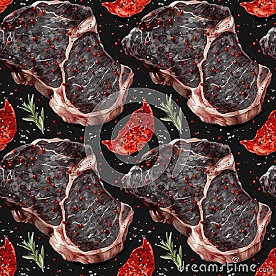 Meat steak pieces with vegetables and peppers on dark background. AI generative illustration Cartoon Illustration
