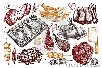Vector collection of hand drawn food illustration.Top view design. Restaurant menu. Meat products set. Vintage template. Cartoon Illustration