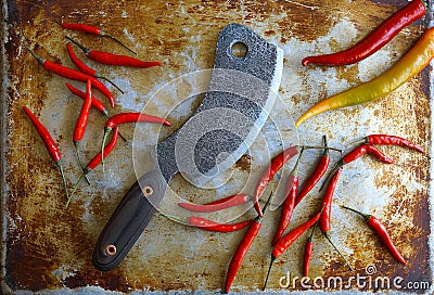 Meat tools, Metal handmade props on a textured background, Kitchen untensils Stock Photo