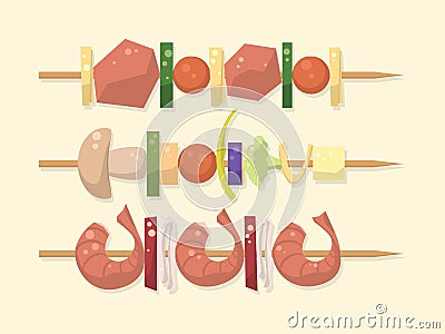 Meat, Vegetarian, Seafood Skewers With Pieces Shashlik. Barbecue Vector Illustration