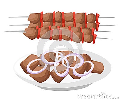 Meat, Vegetarian, Seafood Skewers With Pieces Shashlik. Barbecue. Flat Style Vector Illustration shish kebab Web site page and mob Cartoon Illustration