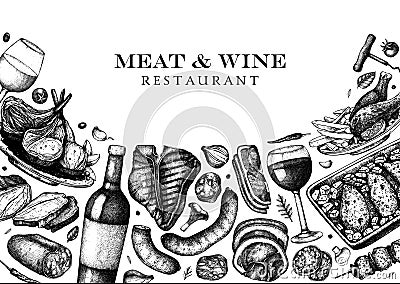 Meat and wine vector design. Hand drawn food and alcohol drinks illustration. Meat restaurant menu template in engraved style. Vector Illustration