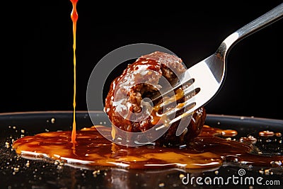 meatball on a fork with sauce dripping Stock Photo