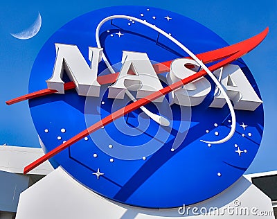 The Meatball and the Moon - NASA logo at the entrance to the Kennedy Space Center at Cape canavaral Editorial Stock Photo