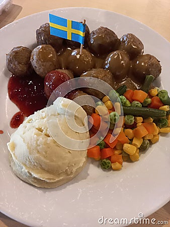 Meatball swedish with sauce, Ikea Stock Photo