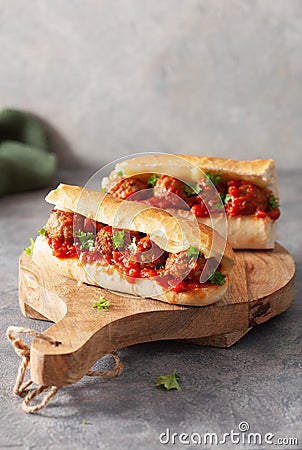 Meatball sub sandwich with cheese and marinara tomato sauce. american italian fast food Stock Photo