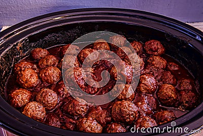 Meatballs in Crock Pot Slow Cooker Close up Stock Photo