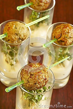 Meatballs with spicy sauce and mustard sp Stock Photo