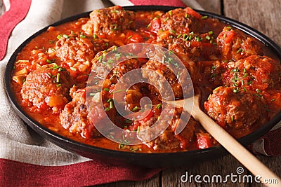 Meatballs with spicy tomato sauce on a dish close-up. horizontal Stock Photo