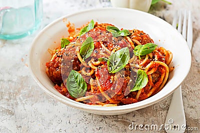 Meatballs in tomato sauce with spaghetti Stock Photo