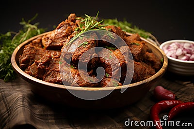 Meaty indulgence Dry spicy Murgh or goat meat in a plate Stock Photo