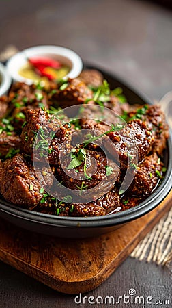 Meaty indulgence Dry spicy Murgh or goat meat in a plate Stock Photo