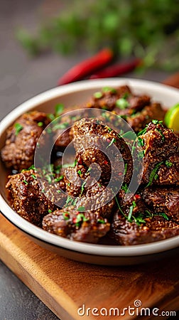 Meaty indulgence Dry spicy Murgh or goat meat in a plate Stock Photo